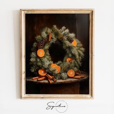 an oil painting of a christmas wreath with oranges on it and pine cones in the middle