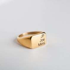 "Gold Chunky Ring, Signet Ring Statement Ring, Name ring, Gift for her, Mom Present, Rectangle Ring. This listing is for ONE ring. ----------------------------- Details: * 18K Gold Plated * Handmade to order, please allow 1-3 days for us to make your item before shipping. * Jewelry comes on a card inside a box, then placed in a cotton filled, Aim Engravings stamped box. ----------------------------- HOW TO ORDER: Step 1 Choose your RING SIZE Step 2 Choose your \"Quantity\" Step 3 Add to Cart. St Minimalist Square Cut Signet Ring For Gift, Modern Square Cut Signet Ring As Gift, Minimalist Square Cut Signet Ring As Gift, Rectangular Gold Initial Ring For Gift, Classic Square Rings For Gift, Minimalist Square Signet Ring Gift, Classic Square Rings For Gifts, Classic Square Ring For Gifts, Gold Square Cut Signet Ring As Gift