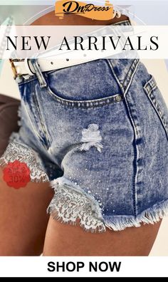 Lace Rhinestone Decor Frayed Hem Denim Shorts Stretch Bottoms With Rhinestones For Spring, Spring Stretch Bottoms With Rhinestones, High Waist Rhinestone Denim Jeans, Mid-rise Bottoms With Rhinestones For Spring, Spring Mid-rise Bottoms With Rhinestones, High Rise Denim Bottoms With Rhinestones, Trendy Denim Blue Bottoms With Rhinestones, Summer Denim Shorts With Rhinestones, Denim Shorts With Rhinestones For Summer