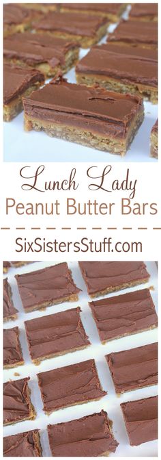 chocolate peanut butter bars are stacked on top of each other with the words, lunch lady peanut