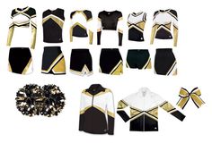 cheerleader uniforms are arranged in rows on white and black with gold trimmings