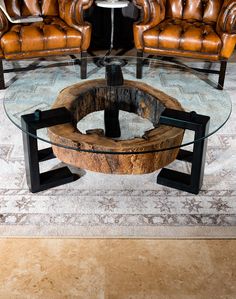 Ozark Coffee Table Coffee Table With Stone Top, Live Edge Table Legs Ideas, Wood And Black Living Room, Glass Table Design, Tufted Leather Chair, Adobe Interior, Live Edge Wood Table, Tufted Leather Sofa, Koti Diy