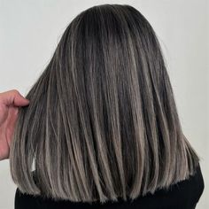 Gray Brown Highlights on Straight Black Hair Black With Gray Hair, Gray Babylights On Brown Hair, Top Hair Highlights, Brown Grey Hair Balayage, Short Straight Hair With Highlights, Highlighted Straight Hair, Ash Grey Highlights On Brown Hair, Highlight With Black Hair, Highlights Ash Gray