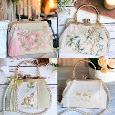 ⭐️ Introducing our flower silk embroidered top handle crossbody bag that's so beautiful to keep for yourself or gift to your loved ones. ⭐️ The bag comes with pearl strap that's easy to carry and to style. ⭐️ The designs are so unique that you could hardly find it anywhere else. 🌸 Double Side Flowers Style: This style has a clean mint green primary color with lines of pearl beads on the bag. The design features elegant white peonies on one side, and green bamboo forest on the other. The dangly charm that's designed for this style is assembled with pearl beaded tassels. 🌸 Waterlily Embroidery Style: This style is so carefully embroidered with lots of pink lotus flowers that are so vivid and delicate. There is a baroque style pearl right in the center of the bag. The dangly charm that's de Portable Bags As Spring Gifts, Portable Bag For Spring Gifts, Elegant Shoulder Bag For Spring Gift, Spring Gift Bag With Detachable Handle, Spring Gift Bags With Detachable Handle, Elegant Shoulder Bag With Top Handle And Floral Embroidery, Cream Handheld Shoulder Bag For Gift, Elegant Floral Embroidered Top Handle Shoulder Bag, Elegant Bag With Top Handle And Floral Embroidery