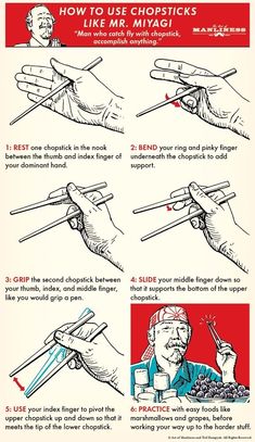 the instructions for chopsticks are shown in red and white, with an image of a