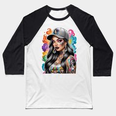 Chicana Style -- Choose from our vast selection of Baseball T-Shirts to match with your favorite design to make the perfect custom graphic Baseball T-Shirt. Customize your color! Perfect for working out or casual wear for men and women. Trendy Black T-shirt With Raglan Sleeves, Casual Black Sublimation T-shirt With Graphic Print, Urban Multicolor Graphic Tops, Custom Print Black Sublimation Design For Fan Merchandise, Trendy Graphic Print Raglan Sleeve Top, Trendy Graphic Print Top With Raglan Sleeves, Trendy Raglan Sleeve Top With Graphic Print, Sporty Black T-shirt With Custom Print, Hip Hop Crew Neck Top With Sublimation Print