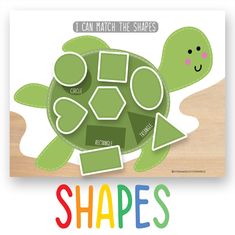 a cut out of a turtle with the words i can match the shapes on it