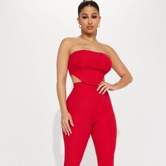 Brand: Fashion Nova Size: M Color: Red Condition: New With Tags Red High-waisted Jumpsuits And Rompers For Summer, Red Fitted Bottoms, Red Fitted Sleeveless Bottoms, Chic Red High-waisted Jumpsuits And Rompers, Chic Red High Waist Jumpsuits And Rompers, Chic Red Sets For Night Out, Red Strapless Summer Jumpsuit, Red Sets For Spring Night Out, Red Sets For Night Out In Spring