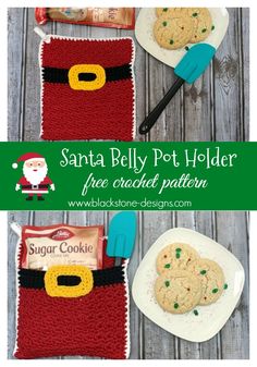 santa belly pot holder crochet pattern with cookies and candy on the plate next to it