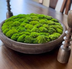 a bowl filled with green moss sitting on top of a wooden table next to a candle