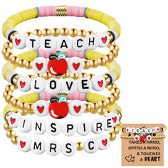 the teacher love inspire bracelets are stacked on top of each other with hearts and apples