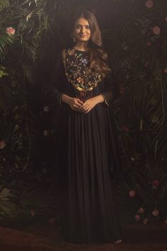 Black anarkali with thread, sequin embroidery in floral pattern on yoke. - Aza Fashions Designer Anarkali Dress With Intricate Embroidery, Designer Anarkali Dress With Mirror Work, Unstitched Anarkali Floor-length Embroidered Dress, Unstitched Floor-length Anarkali Embroidered Dress, Anarkali Embroidered Georgette Dress With Dabka Work, Designer Wear Embroidered Floor-length Dress For Festivals, Festive Anarkali Dress With Intricate Embroidery, Designer Floor-length Embroidered Dress For Festivals, Designer Embroidered Floor-length Dress For Festivals