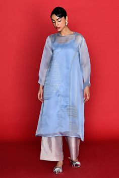 Blue kurta featuring thread work on the front. Comes with an inner. - Aza Fashions Blue Silk Kurta For Spring, Blue Silk Straight Kurta, Fitted Blue Kurta With Sheer Dupatta, Satin Kurta, Blue Kurta, Satin Color, Thread Work, Womens Tunics, Aza Fashion