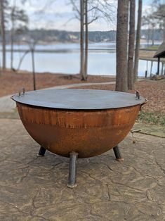 a large metal bowl sitting on top of a cement ground next to a lake and trees