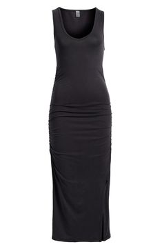 This essential midi dress is so versatile you can wear it over your swimwear during the day and out to dinner later. The deep neckline and the side slits give it breezy wearability so you can wear it again and again. 46" length (size Medium) Slips on over head V-neck Sleeveless Side slits Unlined 94% lyocell, 6% elastane Machine wash, tumble dry Made in the USA of imported fabric Stretch Longline Bodycon Summer Dress, Sleek Summer Midi Dress With Side Slits, Sleek Knee-length Midi Dress For Summer, Summer Maxi Bodycon Dress With Side Slits, Bodycon Midi Dress With Side Slits For Summer, Black Elastane Midi Dress For Summer, Sleek Stretch Ruched Midi Dress, Sleek Stretch Summer Maxi Dress, Summer Night Out Elastane Maxi Dress