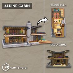 the floor plan for an alpine cabin is shown in three different views, including one showing the living room and dining area