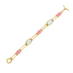 Add a touch of elegance to your everyday ensembles with our Jasmine Bracelet, featuring pastel pink and green stones linked by gold chains. With a toggle clasp closure, it's both stylish and secure. Elegant Pink Chain Bracelet With Adjustable Chain, Elegant Pink Gold-plated Bracelets, Pink Chain Bracelet Jewelry, Elegant Pink Jewelry With Gold Chain, Pink Gold Plated Bracelet, Pink Gold-plated Bracelet, Elegant Pastel Bracelets As Gift, Elegant Pastel Bracelets For Gifts, Jasmine Bracelet