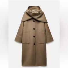 Zara Zw Double-Faced 100% Wool Coat Beige New Fw24 Xs-S Ref. 8491/240 100% Wool Nwt Never Worn Size Xs/S Very Oversized Zara Wool Coat, Beige Wool Coat, Hood Scarf, Scarf Wool, Middle Age Fashion, Long Winter Coats, Long Wool Coat, Hooded Scarf, Wool Blend Coat