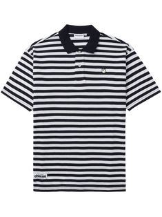 black/white cotton horizontal stripe print bear motif polo collar front button placket drop shoulder short sleeves straight hem Striped Short Sleeve Polo Shirt For Summer, Striped Collared Polo Shirt For Summer, Summer Striped Collared Polo Shirt, Casual Striped Polo Shirt For Summer, Casual Striped Short Sleeve Polo Shirt, Summer Casual Polo Shirt With Contrast Stripes, Casual Summer Polo Shirt With Horizontal Stripes, Casual Summer Polo Shirt With Striped Collar, Casual Striped Cotton Polo Shirt