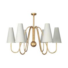 a brass chandelier with five white shades