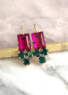 Pink Green Earrings Fuchsia Drop Earrings Fuchsia Emerald | Etsy Pink Earrings With Lever Back Ear Wires For Party, Dark Pink Earrings, Bridesmaids Earrings, Emerald Crystal, Large Jewelry, Green Earrings, Crystal Drop Earrings, Swarovski Earrings, Pink Earrings