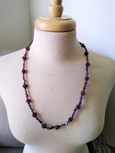 "Gorgeous vintage Czech garnet braided bead necklace, measures 13.75\" long. Excellent condition, all beads intact. From mother's estate. There are mathcing earrings in the shop also! Would consider a better price for both combined." Handmade Garnet Bead Necklaces, Handmade Garnet Beaded Necklaces, Handmade Garnet Necklaces With Round Beads, Handmade Burgundy Necklaces With Round Beads, Bohemian Burgundy Beaded Jewelry, Handmade Burgundy Beaded Necklaces For Gifts, Handmade Burgundy Beaded Necklaces As Gift, Dreamcore Weirdcore, Vintage Necklace