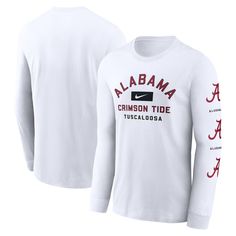 Show off your Alabama Crimson Tide pride with the Nike Primetime Classic Location T-Shirt. Soft cotton fabric provides continuous comfort, making this tee a go-to choice for game day or any day. This long sleeve shirt features the team name and location proudly displayed across the chest, while team logos run down the left sleeve for a bold show of Crimson Tide pride. This Crimson Tide tee is perfect for repping the Tide. Nike Collegiate Long Sleeve T-shirt, Long Sleeve Cotton T-shirt With Team Name, Long Sleeve T-shirt With Team Name For Fans, Nike Fan Apparel T-shirt With Letter Print, Nike Graphic Print T-shirt For Game Day, Long Sleeve T-shirt For Baseball Game Day, Casual Jersey T-shirt For Game Day, Football Season Fan Merchandise Tops, Nike T-shirt For Football Season Game Day