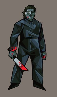 a stylized image of a man holding a knife and wearing a black suit with red eyes