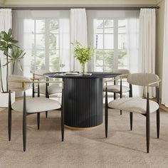 Elevate your dining area with this versatile round pedestal table and set of four modern dining chairs. The table features a natural, simple style, ideal for various interior designs. Constructed from solid wood with a rich grain texture, it offers a welcoming ambiance, comfortably seating 4 guests. Its pedestal base maximizes legroom for added comfort, making it perfect for daily dining or as a stylish console table. Accompanying the table, the set of dining chairs showcases a modern design wit Black Dining Table Decor, 10 Seater Dining Table, Black Round Dining Table, Round Pedestal Table, French Dining Tables, Round Dining Room Sets, Dining Room Interior Design, Modern Dining Table Set, Glass Round Dining Table