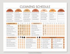 the cleaning schedule is shown in orange and brown tones, with numbers on each side