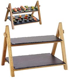 two wooden shelves with sushi on them