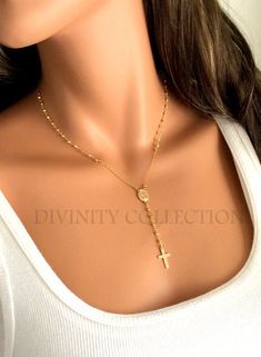 "This is a beautiful Gold Pyrite Rosary Necklace! This gorgeous necklace is made of 24kt Gold Dipped 2.5-3mm faceted Pyrite gemstones on 24kt gold vermeil wire attached to 14kt gold filled chain. Choose necklace length of 16\",18\" 20\", 22\", 24\" or 30\" (this is the measurement around the neck only, does not include the drop) . Spring clasp closure sits at back. There is a beautiful 14kt gold filled 1/2\" Miraculous medallion at center with a 3/4\" 14kt gold filled cross pendant. Drop measure Rosary Inspired Necklace, Gold Rosary Necklace, Christian Cross Necklace, Yolanda Foster, Rosary Jewelry, Cross Necklace Women, Cross Jewelry Necklace, Gold Rosary, Cross Necklaces