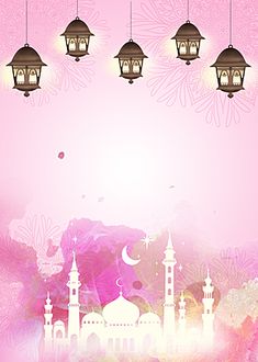 a pink background with lanterns hanging from it's sides and a mosque in the middle