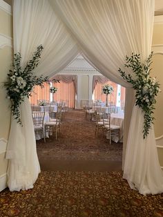 Wedding ballroom entrance using drapery, flowers and greenery Wedding Hallway Decor Entrance, Wedding Doorway Decorations, Wedding Front Entrance Decor, Wedding Entrance Decor Simple, Wedding Hallway Decor, Wedding Curtain Decoration, Long Aisle Wedding, White Vintage Wedding Decor, Ballroom Entrance Decor