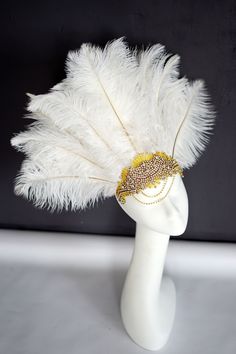 Feather Gold crystal carnival headdress  Gatsby flapper headband, 1920's flapper Headpiece headband, Samba party Crystal Headband headdress Beautiful carnival Style, Great Gatsby inspirated design - flapper rhinestone and big feathers headband. Perfect for a carnival part , vintage party, or a 1920's wedding or Great Gatsby party. Big Gold clear crystal rhinestone haedband embellished with rhinestone applique. This sparkly headband is very unique and wow looking. There are big ostrich feathers t Carnival Crown Headpiece For Mardi Gras, Crown Headpiece For Mardi Gras Carnival, Mardi Gras Carnival Crown Headpiece, Tall Crown Headpiece For Carnival Costume, Carnival Costume Headpiece With Tall Crown, Bohemian Headpiece For Mardi Gras Party, Mardi Gras Party Crown Headpiece, Bohemian Headpiece For Carnival, Bohemian Carnival Headband