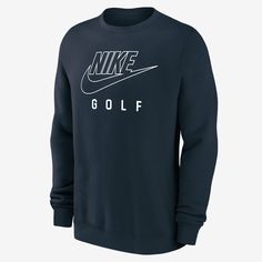 It's your game. Make sure everybody knows in this soft fleece sweatshirt. Sports Fleece Sweatshirt With Logo Print, Sporty Long Sleeve Sweatshirt For Golf, Sporty Crew Neck Golf Sweatshirt, Golf Club Sweatshirt, Sporty Crew Neck T-shirt For Golf, Nike Golf, Nike Swoosh, Mens Golf, Fleece Sweatshirt