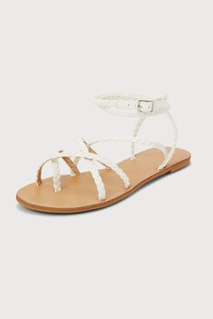 The Regan White Strappy Ankle Strap Sandals are the perfect shoes for a summer full of fun and style! Smooth faux leather shapes an almond-shaped toe bed and an array of slender, braided straps that create a thong-style upper and a crisscrossing vamp. Matching straps sprout from the instep and outstep that wrap above the ankle and secure with a shiny silver buckle. 0. 25" rubber heel. Smooth insole. Rubber sole has nonskid markings. Man made materials. Imported. Lulus | Regan White Strappy Ankle Ankle Strap Sandals Heels, Almond Shaped, Sandal Heels, Size 11 Heels, Braided Strap, Perfect Shoes, Rubber Heels, Ankle Straps, Shiny Silver