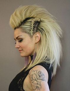 funky blonde mohawk with side braids Faux Hawk, Long Blonde, A Tattoo, Blonde Hair, Blonde, Hairstyles, Tattoos, Hair