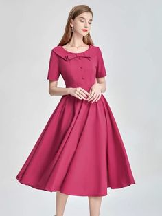 Beautiful Vintage Bow Knot Round Collar Rose Purple Big Swing Dress With Pockets - HY2 Material: Cotton, no lining Sizes: S - bust 86cm, waist 68cm, length 107cm M - bust 90cm, waist 72cm, length 108cm L - bust 94cm, waist 76cm, Length 109cm  XL - bust 98cm, waist 80cm, length 110cm 2XL - bust 102cm, waist 84cm, length 110cm 3XL - bust 106cm, waist 88cm, length 110cm  Hello and welcome to my shop! I am new to Etsy but not to this business. All our dresses are handmade with high quality fabrics by skilled tailors. Rest assured, the dress you see in the picture is the dress that you will receive. Our dresses are priced very competitively to bring you the best value. About Size All sizes listed are external sizes of the clothing, not what your body measurement is. Measurement error of 1-3cm i Cocktail A-line Midi Dress With Bow, Pink A-line Dress With Bow, Vintage Short Sleeve Dress For Banquet, Elegant Fitted Dresses With Red Bow, Red Elegant Vintage Dress With Short Sleeves, Elegant Red Vintage Dress With Short Sleeves, Vintage Short Sleeve Dress With Bow, Vintage Dresses With Bow And Short Sleeves, Short Sleeve Party Dress With Bow