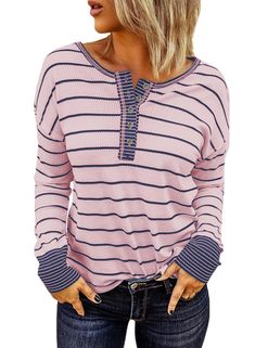 PRICES MAY VARY. Material：EVALESS womens long sleeve tops is made with high-quality fabric, breathable, lightweight, soft, friendly to skin and comfortable to wear. Features：Sexy button up tunic tops for women, 2024 new fashion style blouses , womens cute long sleeve tops, color block stripes shirts and tops for business casual, you will look have a flowy body and get compliments when you put on this cute tops. Design : Featuring paired with button up details, it's so beautifully stylish, soft f Long Sleeve Tops For Women, Tunic Shirts, Henley Tee, Comfortable Tops, Tunic Shirt, Striped Blouse, Tops For Women, Cute Tops, Ladies Tops Fashion