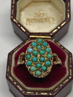 A Gorgeous Vintage 9Ct Yellow Gold and Turquoise Victorian Revival Cluster Ring Fully Hallmarked  Makers Mark CL&S Marked 375 For 9Ct Gold  Size UK P US 7.5 Weight 2.80 grams  Condition- in good condition, commensurate with age one of the turquoise stones has a small chip. It is still very much going to stay in place. I could only see it when looking through the magnifying loop or zooming in on the photos The price reflects this Victorian Revival, Turquoise Stones, Victorian Style, Cluster Ring, Turquoise Stone, Victorian Fashion, Rings Statement, Makers Mark, Vintage Rings