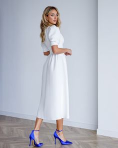 Fabric: Crepe Cotton 75%, Polyester 20%, Elastane 5% V-neck Puff sleeves Short sleeves Midi length Dress length: 120 cm/ 47,2 in Sleeve length 34 cm/ 13,3 in Formal Puff Sleeve Midi Dress, White Puff Sleeve Dress For Work, White Chic Puff Sleeve Dress With Pleated Sleeves, Workwear Midi Dress With Puff Elastic Sleeves, Elegant White Midi Dress With Bishop Sleeves, Formal White Puff Sleeve Dress With Structured Shoulders, Spring Puff Sleeve Midi Dress With Structured Shoulders, Chic White Puff Sleeve Dress For Work, Formal Midi-length Puff Sleeve Dress With Elastic Sleeves