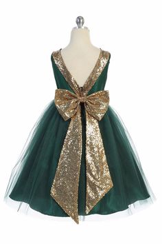 Kids Dream 498 Green Dupioni Tulle Dress w/ Gold Sequins V-Back &Bow Green Holiday Dress, Girl Green Dress, V Dress, Tulle Flower Girl, Tulle Flowers, Belle Dress, Flower Girl Dresses Tulle, Sequin Bow, Blush Dresses