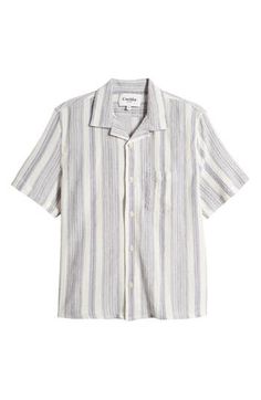 A mixed-stripe print adds visual intrigue to a lightweight camp shirt cut from pure cotton for comfortable wear. 27" length; 40" chest (size Medium) Front button closure Notched collar Short sleeves Chest patch pocket 100% cotton Machine wash, line dry Imported Striped Cotton Camp Shirt With Camp Collar, Striped Linen Short Sleeve Top, Striped Short Sleeve Yarn-dyed Top, Vertical Stripes Tops With Relaxed Fit For Vacation, Relaxed Fit Vertical Stripes Top For Vacation, Casual Shirt With Striped Spread Collar, Summer Vacation Shirt With Vertical Stripes, White Relaxed Fit Yarn-dyed Top, Horizontal Stripe Button-up Shirt For Summer