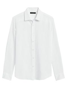 Untucked Standard-Fit Linen-Cotton Shirt | Banana Republic Classic Linen Shirt With Button Cuffs, Classic Linen Shirt With Buttons, Formal Linen Tops With Placket Detail, Formal Linen Tops With Placket, White Linen Shirt With Button Cuffs, Classic Linen Slim Fit Tops, Classic Slim Fit Linen Top, Fitted Linen Shirt With Placket, Elegant Linen Shirt With Placket