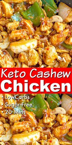 keto cashew chicken with peppers and onions in a skillet