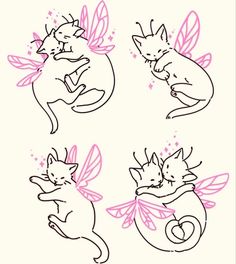 four drawings of cats and fairy tails with pink bows on their backs, one cat is sleeping