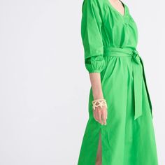 Nonwaisted. Falls Below Knee, 48 1/2" From High Point Of Shoulder (Based On A Size 6). Say Hello To Your Easiest Outfit Ever. Just Add Accessories. This Dress Features A Tie At The Waist That Cinches You In And A Flattering V-Neckline. 100% Cotton. Machine Wash. Import. Green Green Cotton Midi Dress For Work, Green Belted Cotton Dress, Green Spring Dress With Fitted Waist, Spring Green Dresses With Fitted Waist, Cotton Poplin Dress, Poplin Dress, High Point, Cotton Poplin, Simple Outfits