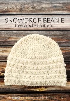 the snowdrop beanie crochet pattern is shown on a wooden surface