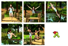 four different pictures of a woman in blue swimsuits and frog sitting on a bench